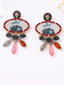Brincos Pendentes com Borla de Pássaro e Floral ZAA, Decoração Floral Metálica Colorida com Várias Gemas, Brincos de Liga e Resina em Estilo Artístico Retrô Exagerado, Acessório Casual e Versátil para Mulheres, Adequado para Uso Diário e Festas