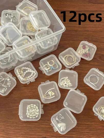 Caixa de plástico transparente pequena quadrada com 12 peças, para joias, protetores de ouvido, mini caixa de armazenamento de joias, caixa de plástico para armazenamento, caixa de armazenamento de viagem portátil transparente moderna, anel, brincos, colar, caixa transparente para armazenamento de objetos pequenos, presentes. Armazenamento