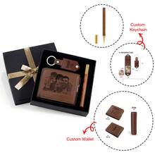 一套个性化节日钱包礼盒，可定制照片和文字，包含钱包、钥匙扣、钢笔和包装盒，适合生日、父亲节、圣诞节、感恩节等场合，森林色调，适合家庭使用。 - 棕色 - 查看 9