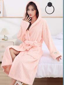 Luxury Coral Fleece Bathrobe - Soft And Comfortable, Women's Shower Robe, Coral Fleece Fabric, Adult Hooded Blanket, Unisex Warm And Comfortable Lamb's Wool Sweatshirt With Extra-Large Pockets, Loose Hooded Blanket, Super Soft, Warm And Comfortable, Women's Hooded Bathrobe Dress, Highly Absorbent And Thick Striped Hooded Bathrobe.