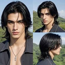 男士假发，适合室内外日常佩戴，中分发型，黑色，耐热透气