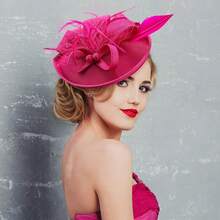 Tea Party Hat For Women - Rose Red Derby Fascinator With Detachable Headband (9.64"X7.87" / Head Circumference 21.5"-23.5") - Lightweight Feather & Polyester - Hồng - Xem 3