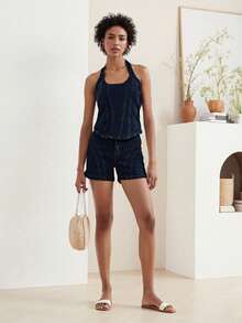Women's 2 Piece Denim Outfits Solid Color Sleeveless Halter Neck Tank Tops Shorts Sets - Azul oscuro - Ver 4