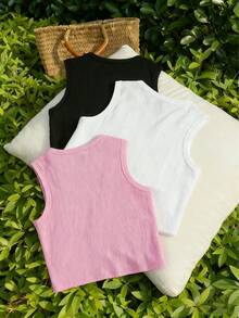 3pcs/Set Tween Girls Casual Ribbed Tank Top, Breathable & Comfortable, Spring/Summer - Multicolor - View 4