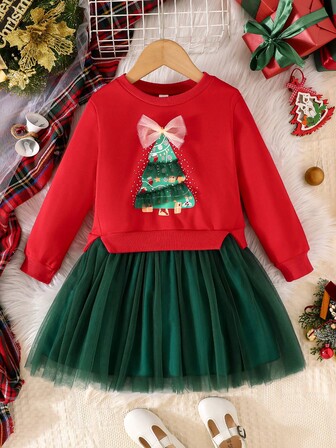 Christmas Girls Long Sleeve Bow Mesh Ruffle Hem Dress, Christmas Tree Print Cute 2 In 1 Holiday Party Dress