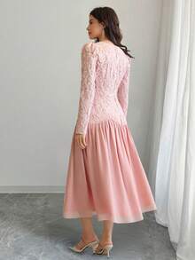 Solstice Apparel 3D提花拼接雪纺连衣裙，长袖方领收腰喇叭裙摆长款连衣裙，优雅风格，完美适用于婚礼、宴会和生日派对，春夏装扮 - 粉色 - 查看 2