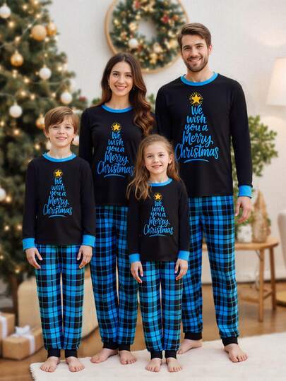 Family Matching Christmas Pajamas Set Plaid And Letter Print Holiday Pajamas Sleepwear Dad Mom Kids PJs