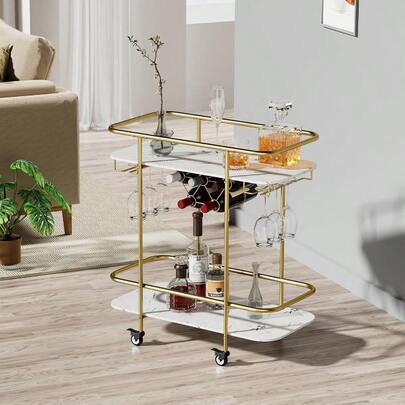 YQQ Gold Bar Cart On Wheels Home Bar Serving Carts Modern Marbled Pattern Wine Cart With Glass Holder Wine Rack Coffee Tea Drink Trolley Beverage Bar Cart For The Home Kitchen Living Room Party1122
