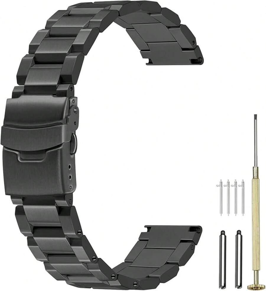 Correa de reloj clásica de acero inoxidable de 18mm 20mm 22mm 24mm, correa de reloj de metal cepillado en plata y negro para mujeres y hombres, correa de reemplazo de reloj con doble hebilla - Tornillo negro - Ver 1