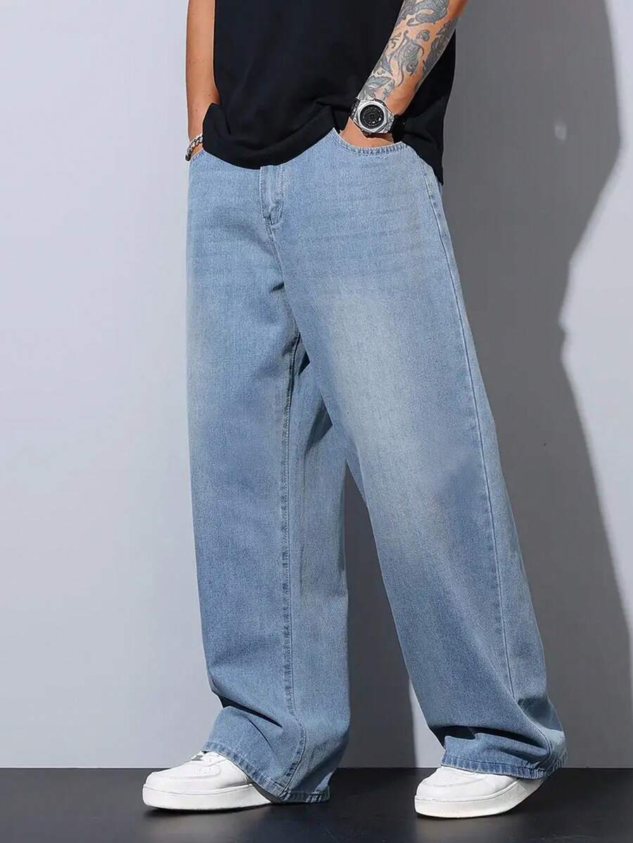 Men's Loose Fit Casual Denim Jeans, Fashion Streetwear For Daily Wear And Office - Medium Wash - View 1