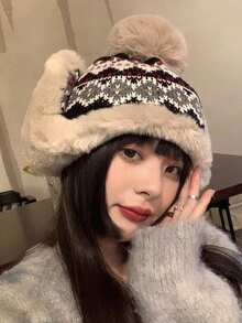 1件新款时尚百搭优雅女士仿毛皮拼接针织护耳帽，适合圣诞节、节日和冬季户外活动。 - 彩色 - 查看 2