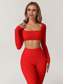 Yefecy Women's 2 Pieces Workout Set Long Sleeve Crop Top & High Waist Leggings, Quick-Dry Yoga Gym Running Suit, Fall Activewear 2025 - Red - View 3