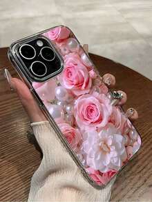 Pink Roses And Pearls Magnetic Attraction Phone Case Suitable For Compatible With Iphone 17,16, 15, 14, 13, 12, 11, PRO MAX, XS MAX, XS, X, PLUS ,17Air,Fresh And Sweet Style - Clear - View 3