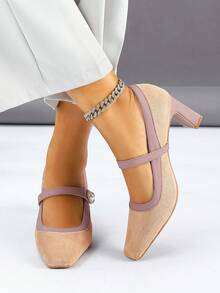1 Par de Sapatos de Salto Alto Elegantes e Versáteis com Bloco de Cores, Bombas de Tira de Pérola com Fivela de Bico Quadrado e Salto Grosso para Mulheres, Novos Lançamentos para Primavera/Outono