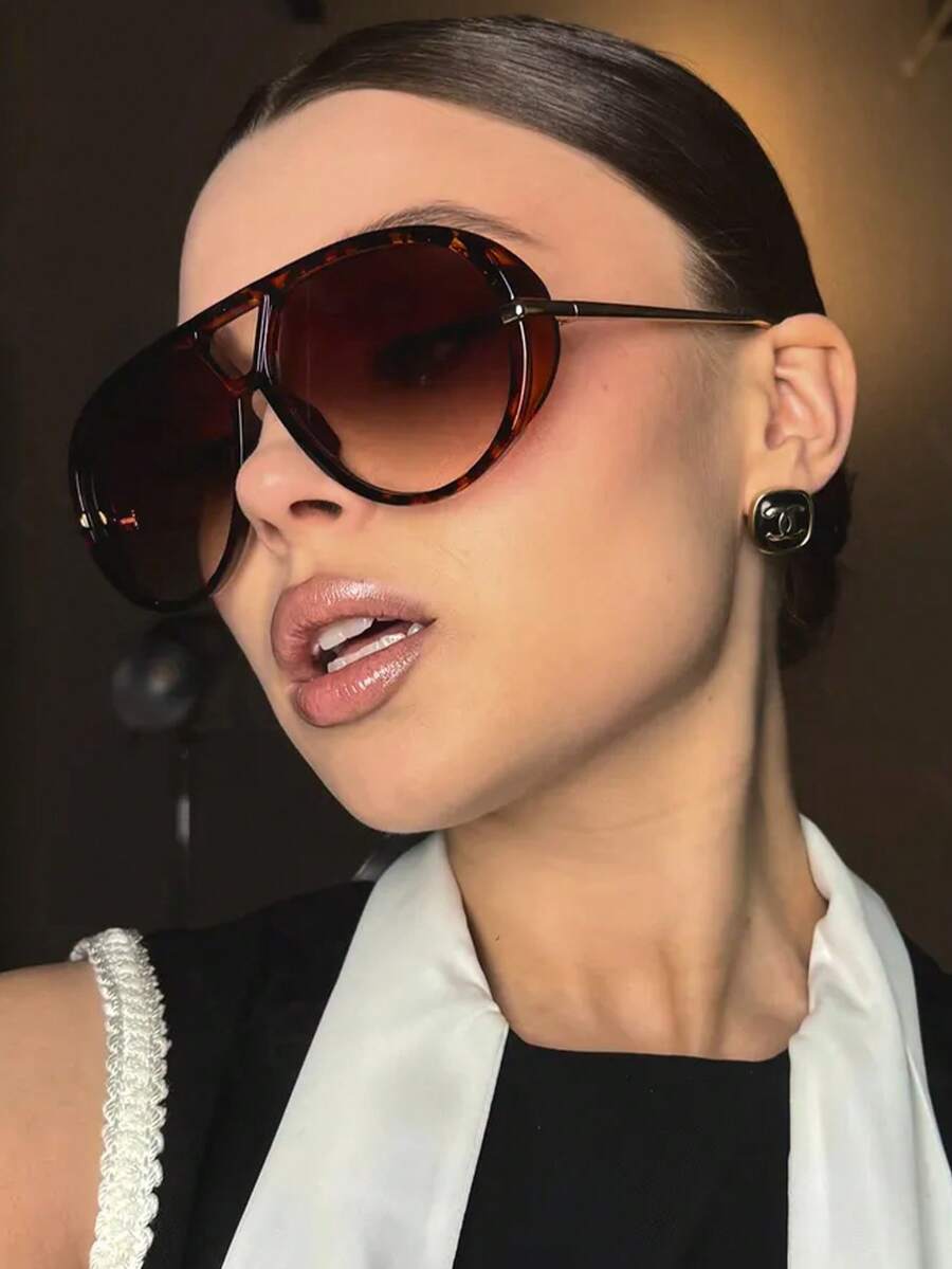 1pc/2pcs Full Frame Metal Retro Large Frame Fashion Glasses, Y2K Personalized Fashion Glasses, Suitable For Daily, Outdoor, Street Photography, Driving, Travel, Party - 08070-Họa tiết da báo - Xem 1