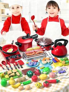 23 piezas/52 piezas/84 piezas Juego de cocina de juguete de chef pequeño con utensilios de cocina, ollas, cortadores y alimentos de juguete de madera en color rosa/rojo/verde para niñas, juguetes de cocina, juguetes para niños