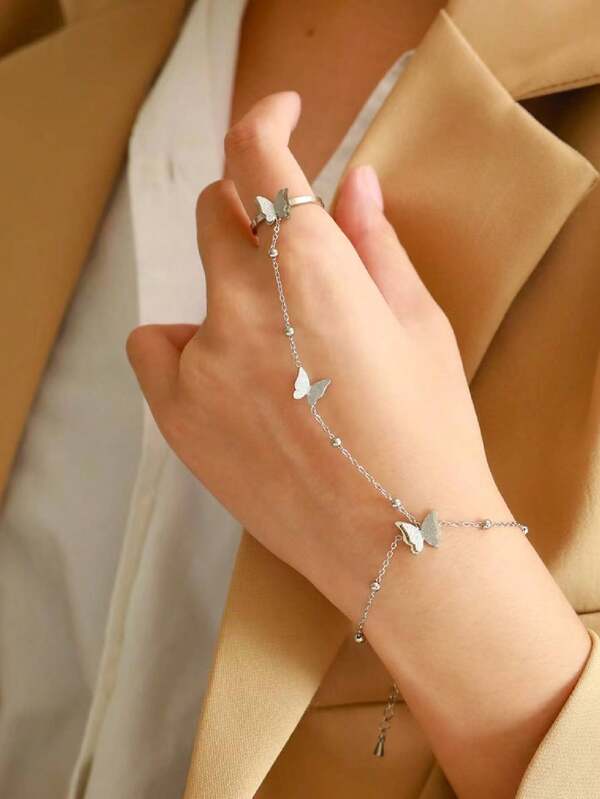 1 قطعة سوار معدني ستانلس ستيل بشكل فراشة مرتبط بالأصابع بطراز أنيق فرنسي، اكسسوار للاحتفالات والعطلات (كمية الخرز عشوائية)