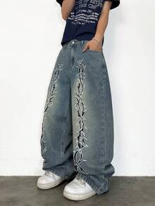 1 pezzo Jeans uomo a gamba larga stile retrò con ricamo di un marchio americano, pantaloni casual con vestibilità ampia e lunga (cintura e accessori non inclusi)