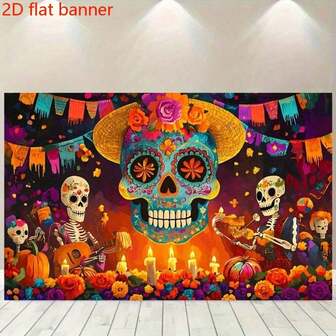 Pancarta plana 2D Coloridos cráneos de azúcar y tema floral - Celebración de Halloween, Tela de poliéster, Sin necesidad de fuente de alimentación, Opción perfecta para decoraciones navideñas