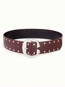 1pc Women's Wide Waist Belt, Rivet Punk Style Solid Color PU Leather, Oval Metal Buckle, Plus Size