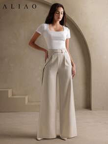 高腰纯色阔腿裤，优雅，商务休闲，宫廷风格，得体，商务休闲，春季，外出 - 杏色 - 查看 5