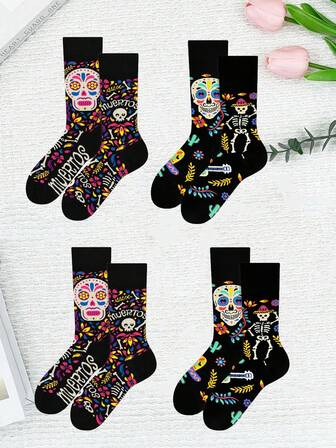 1/2/4/5/10 paires de chaussettes amusantes, chaussettes mi-mollet asymétriques Andy pour femmes, convenant pour les tenues de fête quotidiennes, chaussettes mi-mollet au motif du Jour des Morts, couleur noire avec crâne de sucre coloré, imprimés floraux et squelette, chaussettes pour femmes, chaussettes blanches, chaussettes noires, chaussettes chevilles, chaussettes hautes, chaussettes longues, chaussettes souples