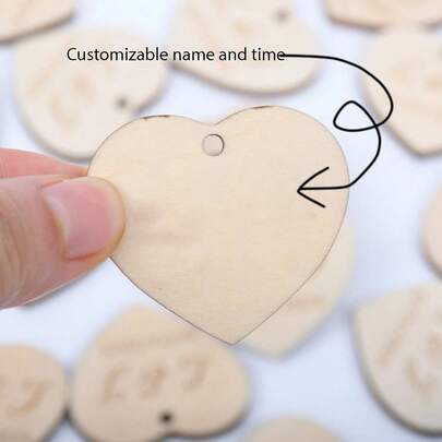10/20pcs 1.57 Inch/4cm Personalized Christmas Wooden Tags With Name And Wedding Date, Heart Shaped Design Tags, Wedding Favors, Party Decorations, Anniversary, Perfect For Table Setting