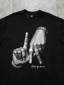 Manfinity  Los Angeles LA Hand Gesture Logo Print Street Style Black Drop Shoulder T-Shirt For Men - Black - View 3