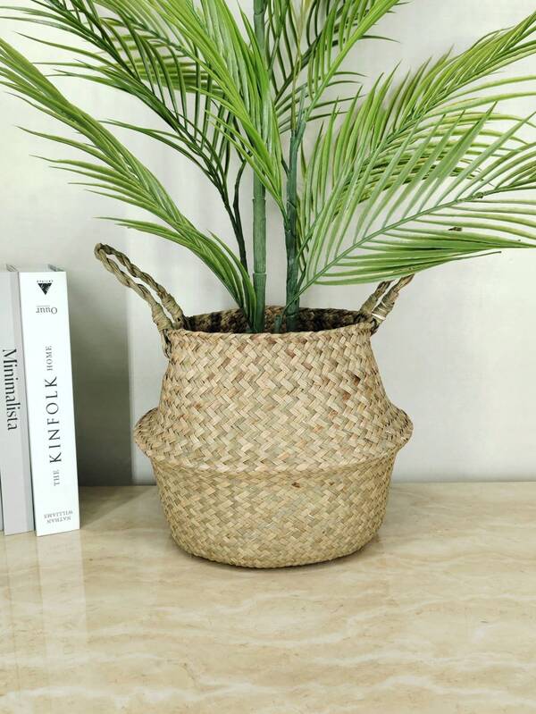 1 pièce Grand panier de plantation en herbe tissé à la main avec gland blanc, panier de rangement en herbe de mer naturel pliable, polyvalent, panier à fleurs et plantes, jardinière, contenant de plante en herbe tissé, décoration d'intérieur et d'extérieur de table, rebord de fenêtre et sol