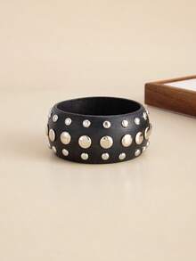 1 pieza Brazalete de madera con remache redondo de arco geométrico bohemio, joyería versátil elegante y casual para uso diario, fiesta y vacaciones como regalo para mujeres (las pequeñas imperfecciones y variaciones de color en el brazalete de madera son normales)