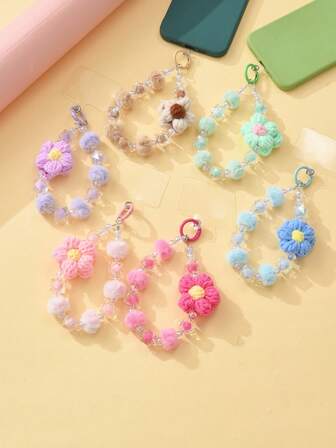 1pc Multicolor Bohemian Y2K Cute Pom Pom Flower Beaded Anti-Lost Anti-Drop Phone Lanyard Strap Accessory, Suitable For Valentine's Day Gifts For Couples And Friends, Fits All Phone Models