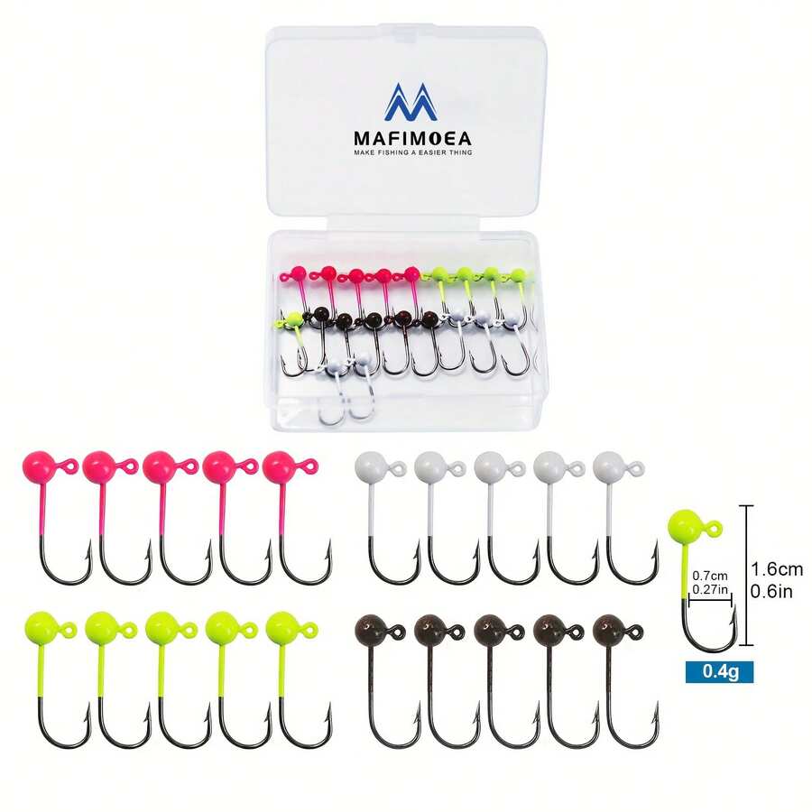 MAFIMOEA 20 piezas Kit de señuelos de mosca para pesca de crappie, cabezas de jig aptas para pesca con mosca, 0,4 g, 0,8 g, 1 g, 1,5 g