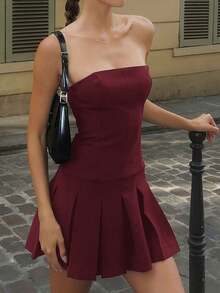 Unadoll Women's Strapless, Backless, Ruched, Sexy, Elegant Vacation, Date, Back To School, Music Festival, Cocktail Party, Formal Solid Color Mini Skirt - Burgundy - View 10