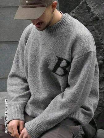 오버사이즈 캐주얼 니트 스웨터, 유니섹스 하이 스트리트 디자인, 루즈핏, 가을/겨울용 따뜻함, 미니멀리스트 영어 텍스트 라운드넥 풀오버, 긴소매 탑