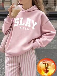 Tween Girl Graphic Print Thermal Lined Hoodie Sweatshirt, Warm & Comfortable For Autumn/Winter