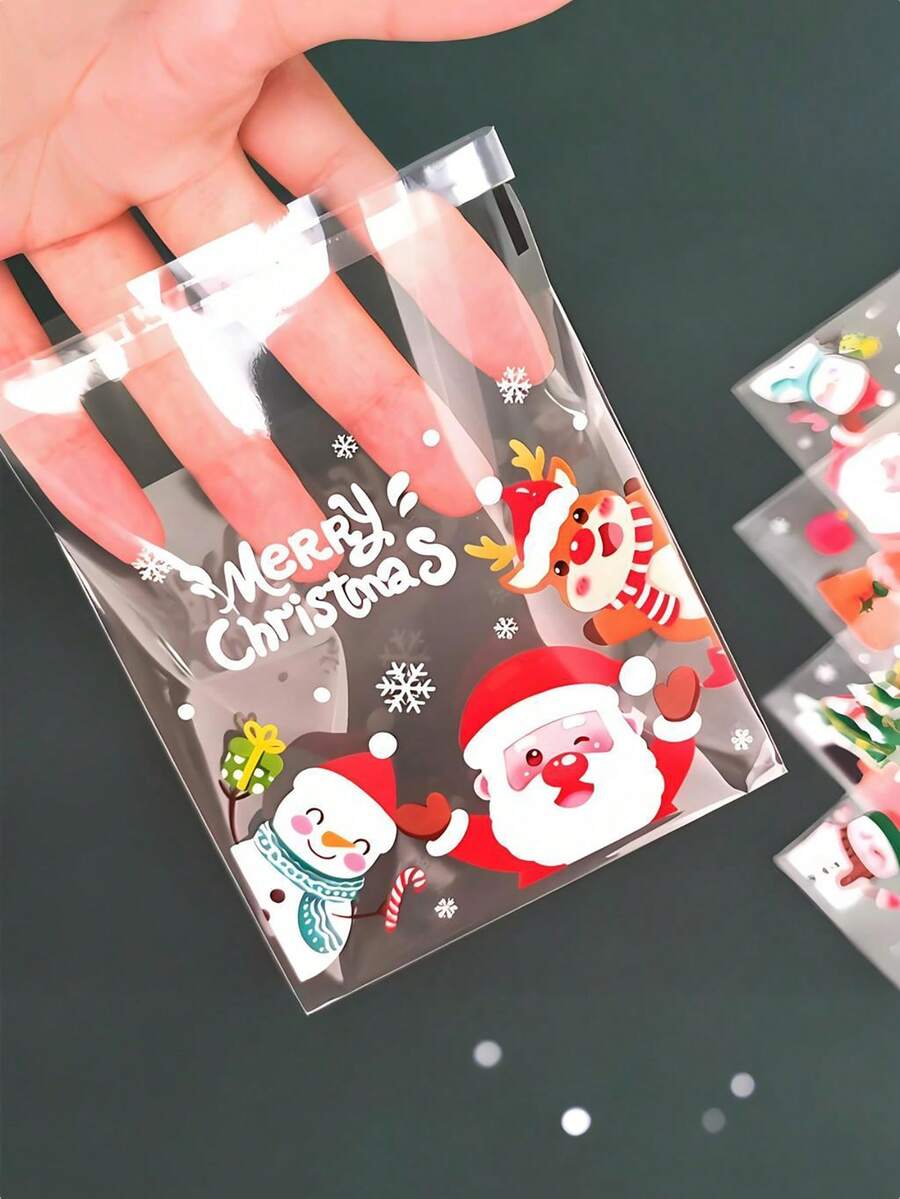 100个圣诞透明自粘礼品袋 - 圣诞老人/雪人/驯鹿/圣诞树图案 | 适用于小礼物、糖果、零食、饼干和雪花脆片包装 - 彩色 - 查看 1