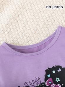 2pcs Set Young Girl Stylish Portrait Print Long Sleeve Asymmetrical Hem Sweatshirt And Denim Effect Sports Leggings Outfit, Casual Outdoor Wear, Spring/Summer - Purple - View 8