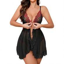 Sexy Open Front V Neck Ruffle Sheer Mesh Lace Wireless Babydoll Lingerie Set With Thong 2 Piece"Set". - black red - View 1