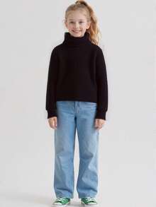 Sweater De Color Sólido De Cuello De Tortuga Para Niñas Preadolescentes - Negro - Ver 5