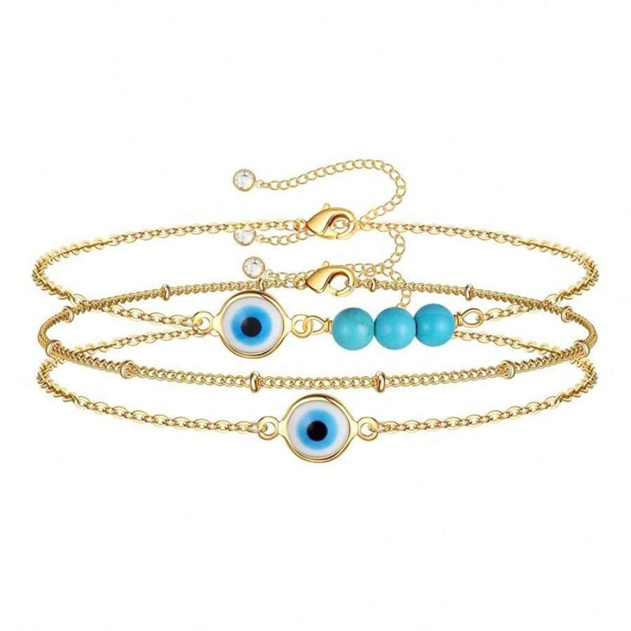 Hypoallergenic, Delicate Style, Golden Evil Eye & Turquoise Multi - Layer Bracelet, Daily Wear & Date Matching For Fall And Winter, Valentine's Day Gift, For Lover, Claim My Daily Gift, Local Warehouse, - vàng 3 chiếc - Xem 1