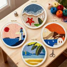 Ocean Series Punch Embroidery DIY Beginner Kit - Easily Create Seagull Sunset Decorative Painting | Includes Flocking Pen + Full Tool Set | With Video Tutorial | Healing Home Decor Creative Handicraft