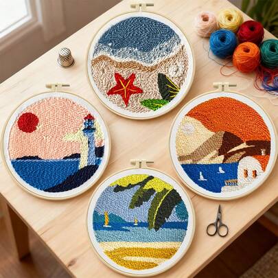 Ocean Series Punch Embroidery DIY Beginner Kit - Easily Create Seagull Sunset Decorative Painting | Includes Flocking Pen + Full Tool Set | With Video Tutorial | Healing Home Decor Creative Handicraft