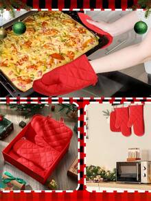 4 قطع مجموعة قفازات فرن وحصيرة عزل ذات لون واحد مقاومة للحرارة لخبز وطهي القفازات مقاومة للحرارة لفرن الميكروويف والحصيرة