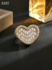 1pc Women's Adjustable Copper Ring With Micro-Inlaid Cubic Zirconia Luxury Heart Design, Suitable For Parties, Banquets And Daily Wear