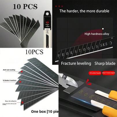 A Stainless Steel Utility Knife Blade, With A Completely Black Stainless Steel Edge, 10 Pieces Per Box, Suitable For Various Scenarios Like Home Improvement And Woodworking Cutting.
