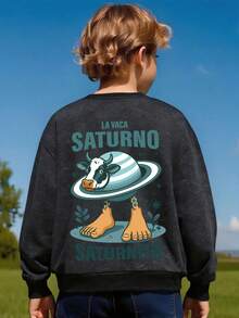 Tween Boy Planet And Bull's Head And Foot Combination Print Snowflake Design Round Neck Long Sleeve Sweater Pullover Autumn Winter Style - Black - View 1