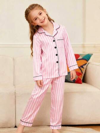 New Autumn/Winter Casual Fashion Girls Pajama Set, Cute Pink & White Striped Print With Black Drawstring, Including Long Sleeve Collared Cardigan Top And Long Pants 2pcs, Suitable For Family Gatherings, Indoor Activities And Daily Wear, Comfortable And Casual, Fashionable Loungewear