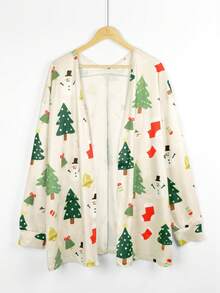 Plus 女款圣诞印花长袖带口袋开衫 - 杏色 - 查看 2