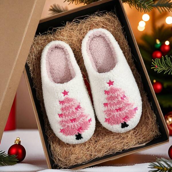 1 Paar weiße Schleife & rosa Weihnachtsbaum bestickte Plüsch Hausschuhe, unisex Innen Slip-On warm weiche Sohle bequeme Hausschuhe für Herbst/Winter, perfektes Weihnachtsgeschenk für Familie und Freunde