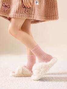 3 双儿童纯色珊瑚色中筒保暖袜，INS风网流行柔和色加厚保暖，保暖内衬婴儿袜，秋冬款，适合睡眠和室内活动 - 彩色 - 查看 10